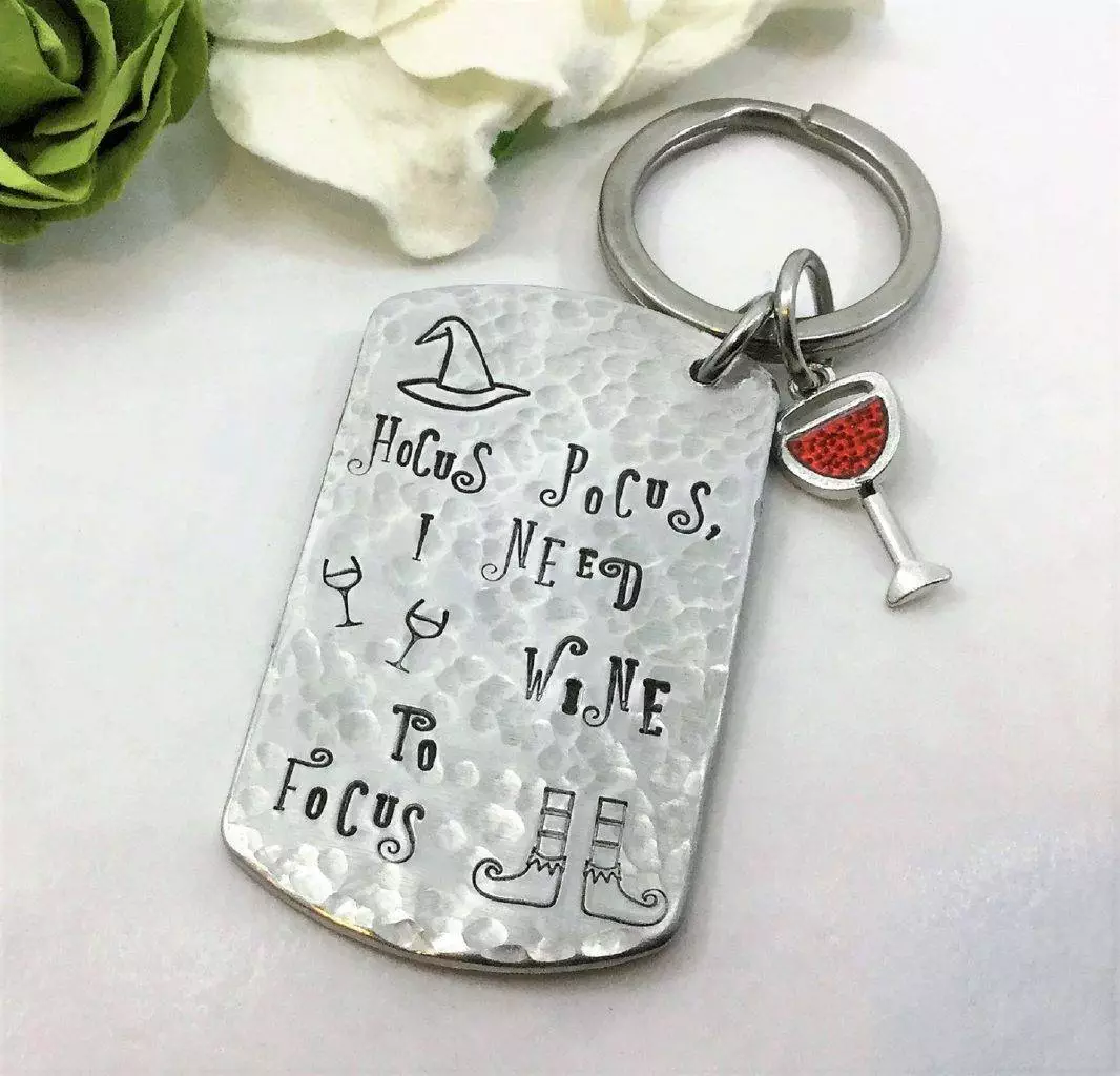 Hocus Pocus Need Focus Keyring can be made with a wine charm, book charm, whatever you need to focus! Letters and bewitching graphics are hand stamped. Delightful whimsical keyring.