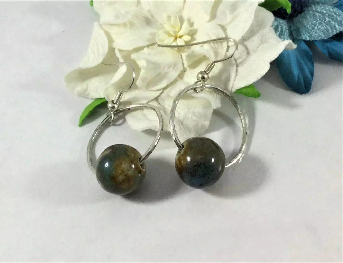 Natural Stone and Silver Hammered Earrings