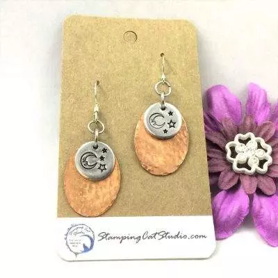 Copper Oval Moon And Stars Earrings