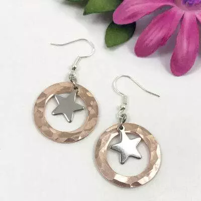 Bold Copper Washer and Star Charm Earrings