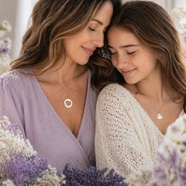 A woman and a teenage girl with long brown hair sit close together, eyes closed and smiling gently. Both wear light tops and the Mother daughter lifestyle necklace set, with soft-focus purple and white flowers framing the scene. Read more at Stamping Cat Studio (stampingcatstudio.com).