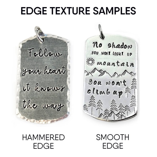Two silver dog tag pendants: one with a hammered edge reading "Follow your heart, it knows the way," and one smooth with a mountain scene and quote, reflecting the spirit of our Never Drive Before You Pray Keyring. Read more at Stamping Cat Studio (stampingcatstudio.com).