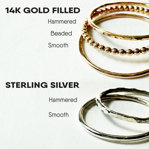 A photo of the Stacking Boho And Midi Ring set: three 14k gold-filled (hammered, beaded, smooth) and two sterling silver rings. Each delicate style is stacked and labeled with black text on a white background. Read more at Stamping Cat Studio (stampingcatstudio.com).