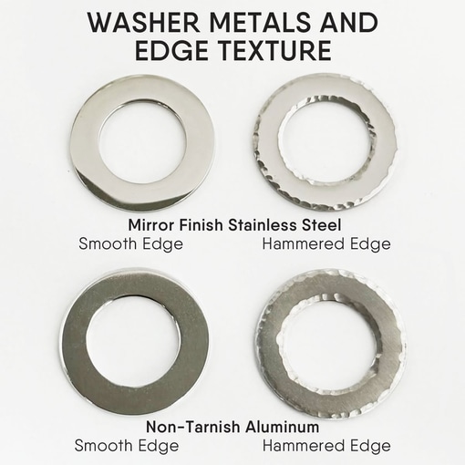 The Washer metals textures set includes four washers: mirror finish stainless steel (top row) and non-tarnish aluminum (bottom row), with smooth or hammered edges and clear labels, ideal for a Heart Shine Pet Lovers Necklace. Read more at Stamping Cat Studio (stampingcatstudio.com).
