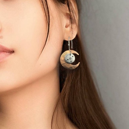 Copper Moon Silver Circle Star Earrings