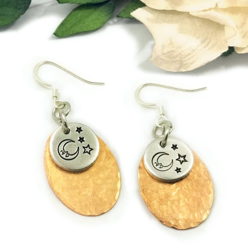 Boho Copper Oval Moon Stars Earrings
