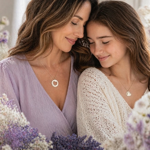 A woman and a teenage girl with long brown hair sit close together, eyes closed and smiling gently. Both wear light tops and the Mother daughter lifestyle necklace set, with soft-focus purple and white flowers framing the scene. Read more at Stamping Cat Studio (stampingcatstudio.com).