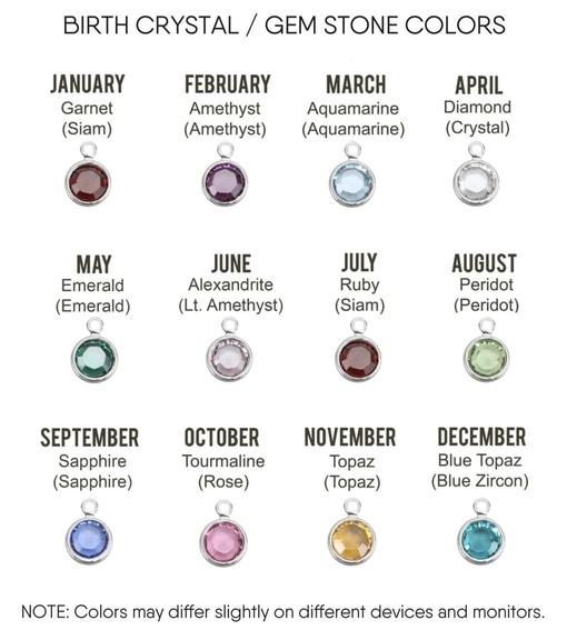 A chart displays birth months and their gemstones for the Peas In A Pod Best Friend Necklace: Jan-garnet, Feb-amethyst, Mar-aquamarine, Apr-diamond, May-emerald, Jun-alexandrite, Jul-ruby, Aug-peridot, Sep-sapphire. Read more at Stamping Cat Studio (stampingcatstudio.com).