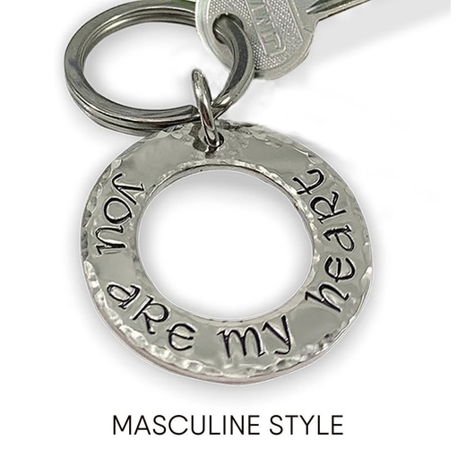 The My Love key ring masculine words features a silver keychain with a round, hammered charm engraved "You are my heart," attached to a standard silver key. "MASCULINE STYLE" is printed below. Read more at Stamping Cat Studio (stampingcatstudio.com).