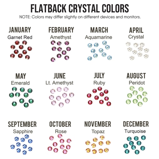 A chart titled “Flatback Crystal Colors” shows twelve groups, each featuring a Cute Owl Pendant Necklace with round crystals representing each month's color: January (red), February (purple), March (light blue), April (clear), and so on. Read more at Stamping Cat Studio (stampingcatstudio.com).