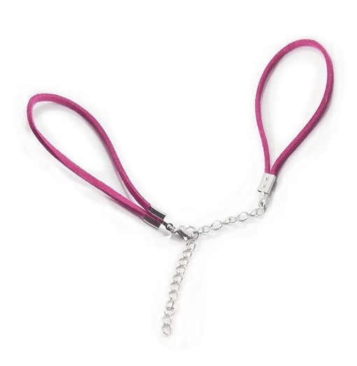 The Washer Band Only Am is a pink faux suede bracelet with two loops linked by a short silver chain and lobster clasp, each loop capped with silver metal. The adjustable bracelet is shown on a white background. Read more at Stamping Cat Studio (stampingcatstudio.com).