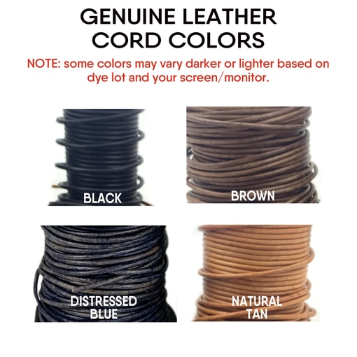 Four stacks of leather cords for the Coordinates Necklace Or Bracelet: black (top left), brown (top right), distressed blue with dark/light tones (bottom left), and natural tan (bottom right). Note: colors may vary by dye lot and monitor. Read more at Stamping Cat Studio (stampingcatstudio.com).