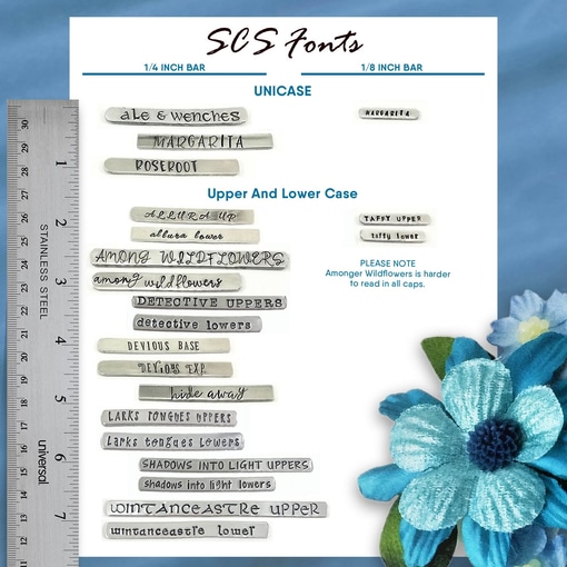 A chart displays 13 metal font samples for stamping the “Follow Your Heart It Knows The Way Key Ring,” labeled by size with a ruler. Blue text marks unicase and case styles. A blue flower decorates the corner, and a note flags small caps as hard to read for “Among Wildflowers.”. Read more at Stamping Cat Studio (stampingcatstudio.com).