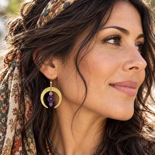 A woman with dark hair and a floral headscarf wears a Boho Crescent Moon And Natural Stone Ear lifestyle earring featuring a gold-toned crescent moon with two small purple spherical stones. She smiles softly while looking to her right in warm, natural sunlight. Read more at Stamping Cat Studio (stampingcatstudio.com).
