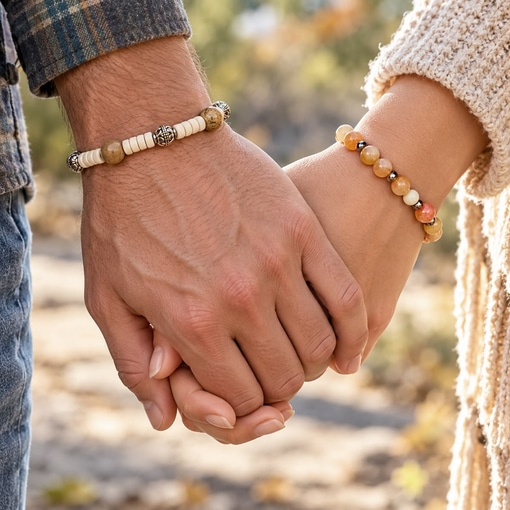 A couple holds Bone and Stone bracelets couple: the person on the left in a plaid shirt wears cream discs, metallic spacers, and tan stones, while the person on the right in a cream-knit sweater wears variegated earth-tone beads. Read more at Stamping Cat Studio (stampingcatstudio.com).