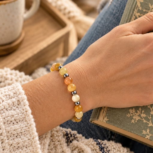 A person wears a Free Spirit Natural Stone Bracelet made of polished yellow and orange beads separated by silver spacers, styled with a cream knit sweater, blue jeans, and a vintage green book while sitting near a wooden tray and mug. Read more at Stamping Cat Studio (stampingcatstudio.com).