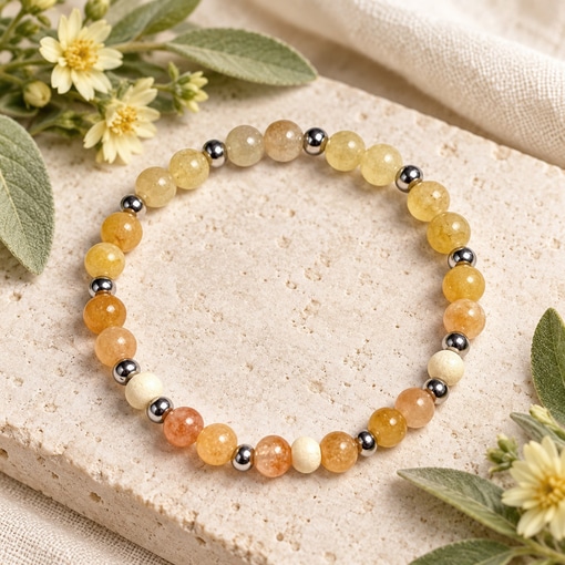 A Free Spirit Natural Stone Bracelet made of smooth, translucent yellow, amber, and cream beads with silver spacers lies on a textured stone surface surrounded by yellow flowers and sage-green leaves. Read more at Stamping Cat Studio (stampingcatstudio.com).