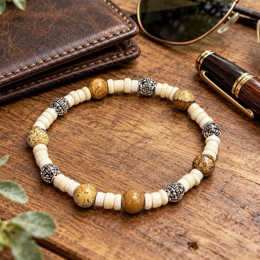 A Natural Stone and Bone Bracelet still life sits on a rustic wooden surface, composed of small white cylindrical beads, speckled tan stone spheres, and ornate silver-toned metal spacers, alongside a brown leather wallet, a fountain pen, and sunglasses. Read more at Stamping Cat Studio (stampingcatstudio.com).