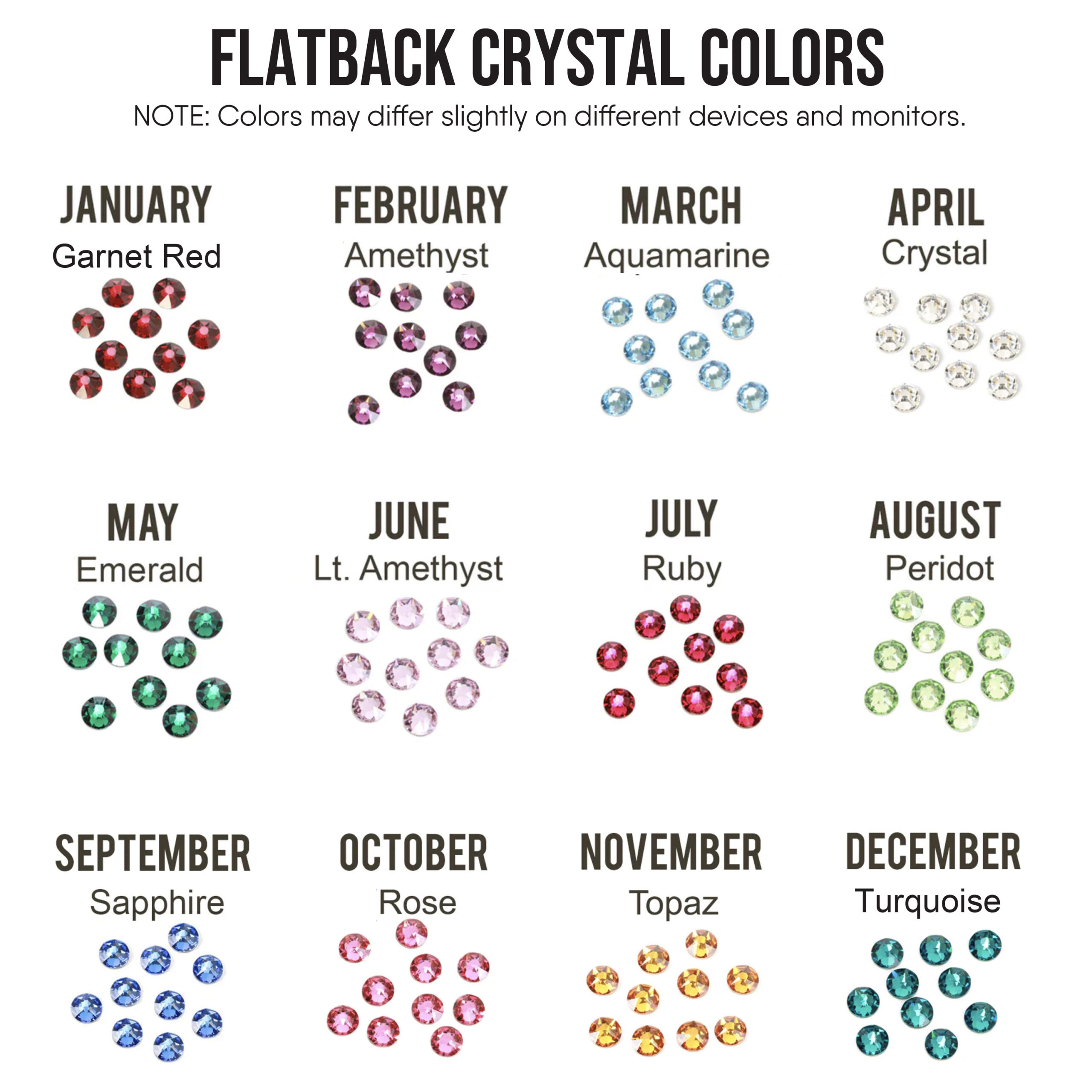 A chart titled “Flatback Crystal Colors” shows twelve groups, each featuring a Cute Owl Pendant Necklace with round crystals representing each month's color: January (red), February (purple), March (light blue), April (clear), and so on. Read more at Stamping Cat Studio (stampingcatstudio.com).