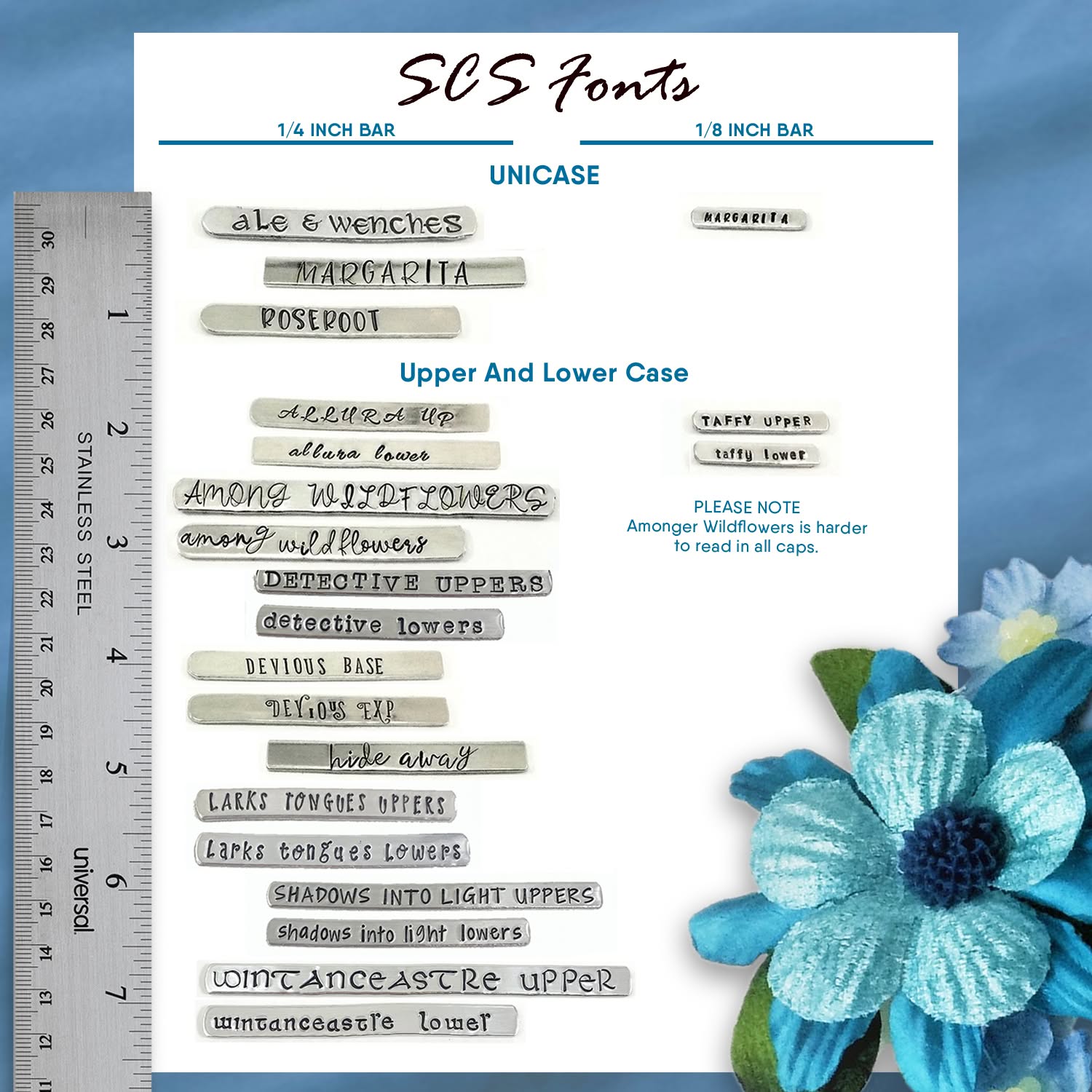 A chart displays 13 metal font samples for stamping the “Follow Your Heart It Knows The Way Key Ring,” labeled by size with a ruler. Blue text marks unicase and case styles. A blue flower decorates the corner, and a note flags small caps as hard to read for “Among Wildflowers.”. Read more at Stamping Cat Studio (stampingcatstudio.com).
