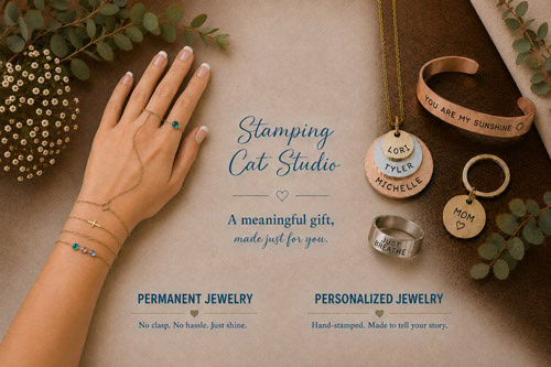 A hand adorned with gold jewelry rests on a tan surface beside flowers. Around it, personalized stamped metal necklaces and bracelets display custom names and phrases. Text reads: Stamping Cat Studio Gift Card. A meaningful gift, made just for you. Two jewelry categories are shown. Read more at Stamping Cat Studio (stampingcatstudio.com).